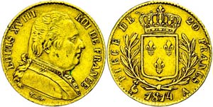 France 20 Franc, Gold, 1814, louis XVIII., ... 