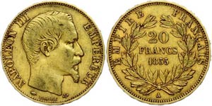 France 20 Franc, Gold, 1855, Napoleon III., ... 