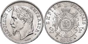 Frankreich 2 Francs, 1866, Napoleon III., BB ... 