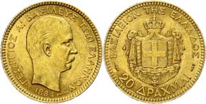 Greece 20 Drachma, Gold, 1884, Georg I., Mzz ... 