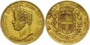 Italy Sardinia, 20 liras, Gold, 1842, Karl ... 