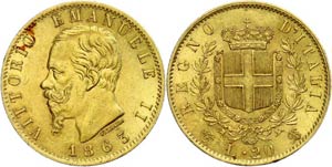 Italy 20 liras, Gold, 1863, Vittorio ... 