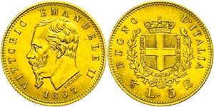 Italy 5 liras, Gold, 1863, Vittorio ... 