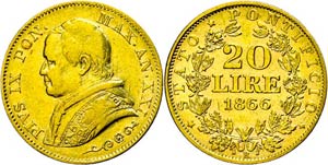 Italy 20 liras, Gold, 1866, Pius IX., Mzz R ... 