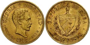 Cuba 10 Peso, Gold, 1916, José Marti, Fb. ... 