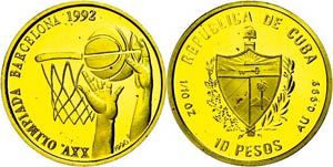 Cuba 10 Peso, Gold, 1990 (embossed 1992), ... 