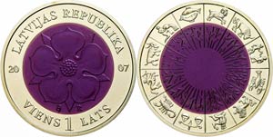 Latvia 1 Lats, 2007, heraldic rose (violet ... 