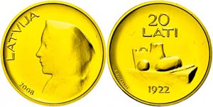 Latvia 20 Lati, Gold, 2008, 15. anniversary ... 