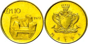 Malta 10 Pounds, Gold, 1972, Steinerner ... 