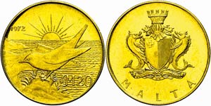 Malta 20 Pounds, Gold, 1972, blue rock ... 
