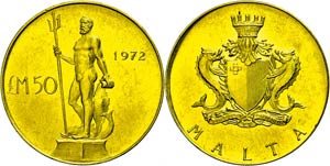 Malta 50 Pounds, Gold, 1972, statue of the ... 
