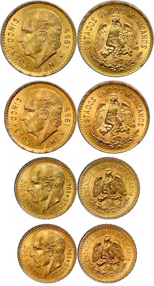 Mexiko 2 und 5 Pesos, 1945 bzw.1955, Gold, ... 