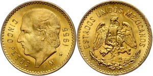 Coins Mexiko 5 Peso, 1955, Gold, new ... 