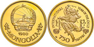 Mongolei 750 Togrog, Gold, 1980, Jahr des ... 