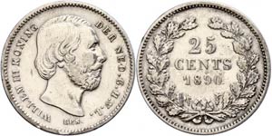 The Netherlands 25 cent, 1890, Wilhelm III., ... 
