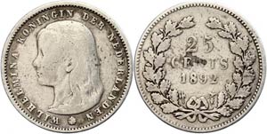Niederlande 25 Cent, 1892, Wilhelmina, ... 
