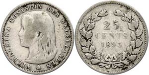 Niederlande 25 Cent, 1893, Wilhelmina, ... 