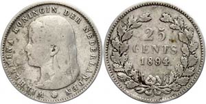 The Netherlands 25 cent, 1894, Wilhelmina, ... 