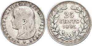 The Netherlands 25 cent, 1895, Wilhelmina, ... 