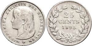 The Netherlands 25 cent, 1895, Wilhelmina, ... 