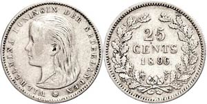 The Netherlands 25 cent, 1896, Wilhelmina, ... 