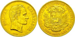 Venezuela 100 Bolivares, Gold, 1887, Fb. 2, ... 