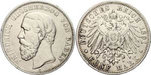 Baden 5 Mark, 1891, Friedrich I., ... 