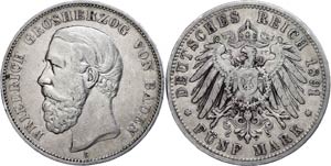 Baden 5 Mark, 1891, Friedrich I., margin ... 