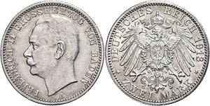 Baden 2 Mark, 1913, Friedrich II., ss-vz, ... 
