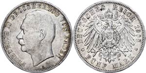 Baden 5 Mark, 1908, Friedrich II., margin ... 