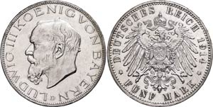 Bavaria 5 Mark, 1914, Ludwig III., Fields ... 