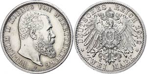 Württemberg 2 Mark, 1912, Wilhelm II., min ... 