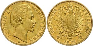 Bavaria 20 Mark, 1872, Ludwig II., very ... 
