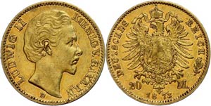Bavaria 20 Mark, 1873, Ludwig II., very ... 