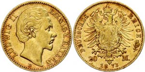 Bayern 20 Mark, 1873, Ludwig II., ss., ... 