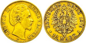 Bavaria 10 Mark, 1876, Ludwig II., very ... 