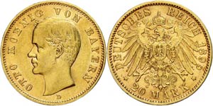 Bavaria 20 Mark, 1895, Otto, very fine., ... 