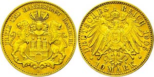 Hamburg 10 Mark, 1905, kl. Rf., ss+., ... 