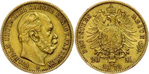 Preußen 20 Mark, 1873, Wilhelm I., Mzz B, ... 