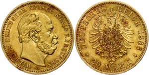 Preußen 20 Mark, 1886, Wilhelm I., ss-vz., ... 