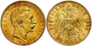 Prussia 20 Mark, 1892, Wilhelm II., very ... 