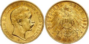 Prussia 20 Mark, 1893, Wilhelm II., very ... 