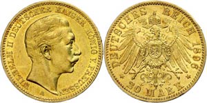 Prussia 20 Mark, 1896, Wilhelm II., very ... 