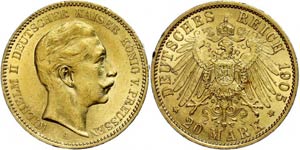 Prussia 20 Mark, 1905, Wilhelm II., Mzz A, ... 