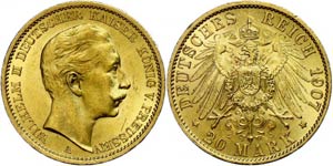 Prussia 20 Mark, 1907, Wilhelm II., small ... 
