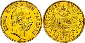 Saxony 20 Mark, 1903, Georg, small margin ... 