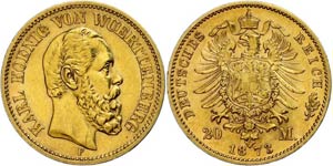 Württemberg 20 Mark, 1873, Karl, very fine ... 
