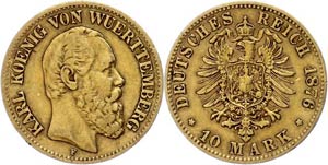 Württemberg 10 Mark, 1876, Karl, very ... 