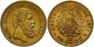 Württemberg 20 Mark, 1876, Karl, very fine ... 