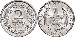 Münzen Weimar 2 Reichsmark, 1931, F, f. ... 